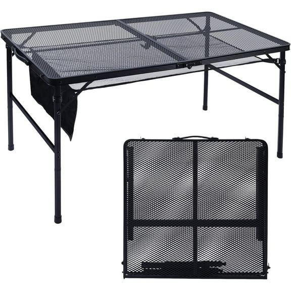 Folding Grill Table, 4x2 FT Portable Camping Table, Lightweight Height Adjustable Metal Tables with Mesh Desktop and Mesh Bag, Outdoor Tables for Camping, Picnic, Beach and BBQ, Black