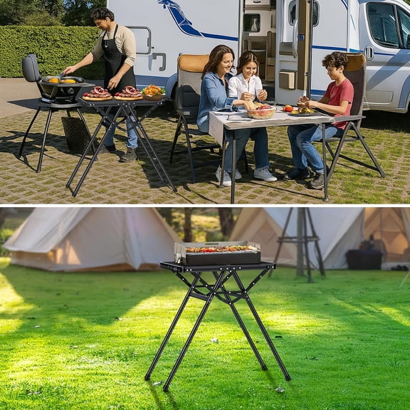 Folding Grill Table, Portable Camping Table with Triangular Support, 3 Adjustable Height Aluminum Outdoor Table with Heat-Resistant Mesh Tabletop for BBQ, Picnic, Indoor