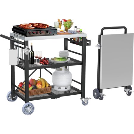 Folding Grill Table with Storage Rack, Stainless Steel Outdoor BBQ Cart, 3 Shelf Portable Grill Cart, Outdoor Kitchen Island and Pizza Oven Table for Blackstone Griddle