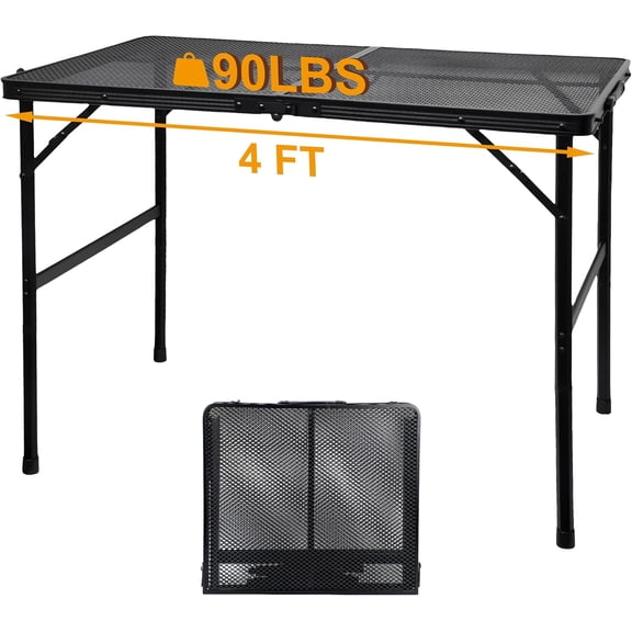 Folding Grill Table with Mesh Desktop Height Adjustable Metal Outdoor Table 4 Ft Black