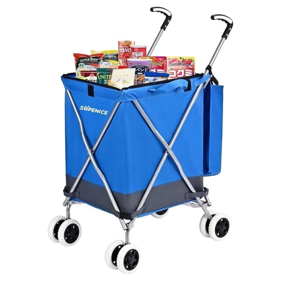 Folding Grocery Cart with Wheels - Heavy Duty 120lb Capacity Canvas Liner - Lightweight Utility Cart for Shopping, Laundry & More