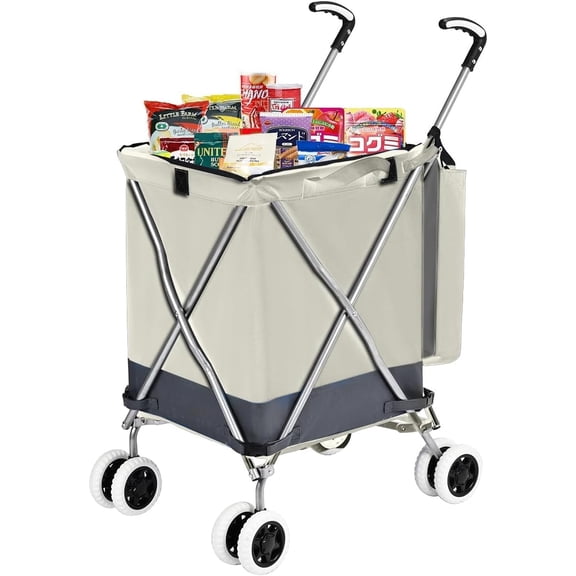 Folding Grocery Shopping Cart with 360 Double Front Swivel Wheels Waterproof Removable Oxford Cloth Liner Heavy Duty Canvas with Cover Lightweight Utility Cart for Laundry - Holds Up to 120 lbs
