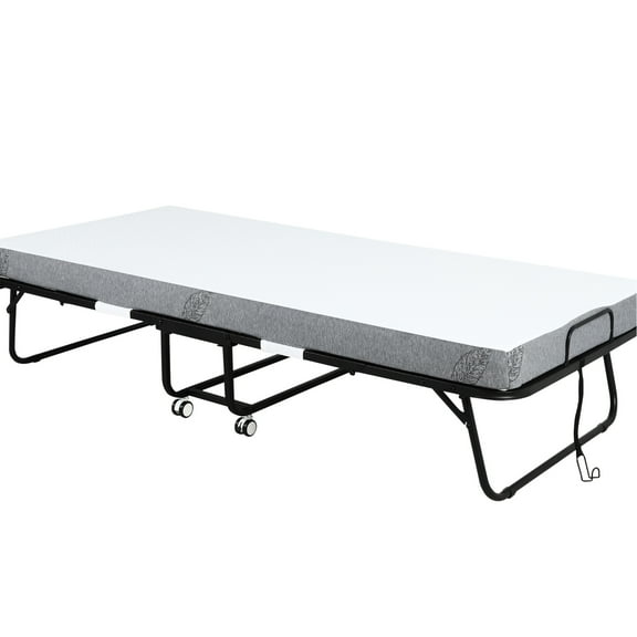 Folding Guest Bed With 4" Mattress, Metal Frame And Wheels, Portable For Space Saving, White, 80.98"x35.5"x17.13", 330lbs Max Load Foldable White