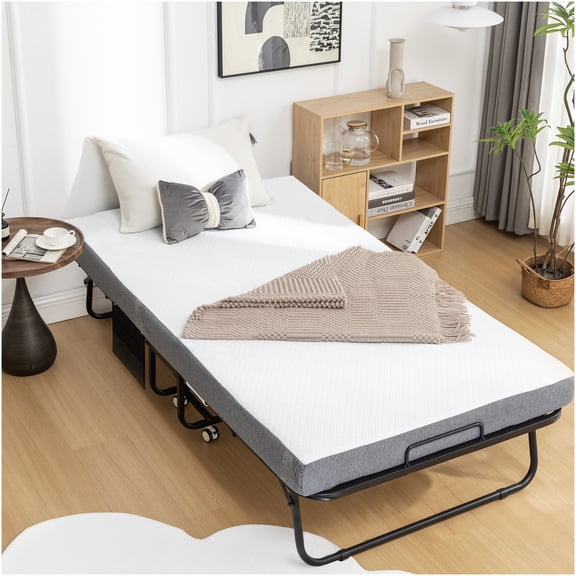 Folding Guest Bed with Memory Foam Mattress, Portable Fold Up Bed on Wheels with Storage Bag, Sturdy Metal Frame