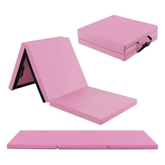 Folding Gymnastics Mat, Tri-fold 6 x 2 x 2 with Carrying Handles, Waterproof PU Leather, Hook & Loop Fasteners, Portable Lightweight Tumbling Mat for Yoga Home Gym Fitness (Pink)