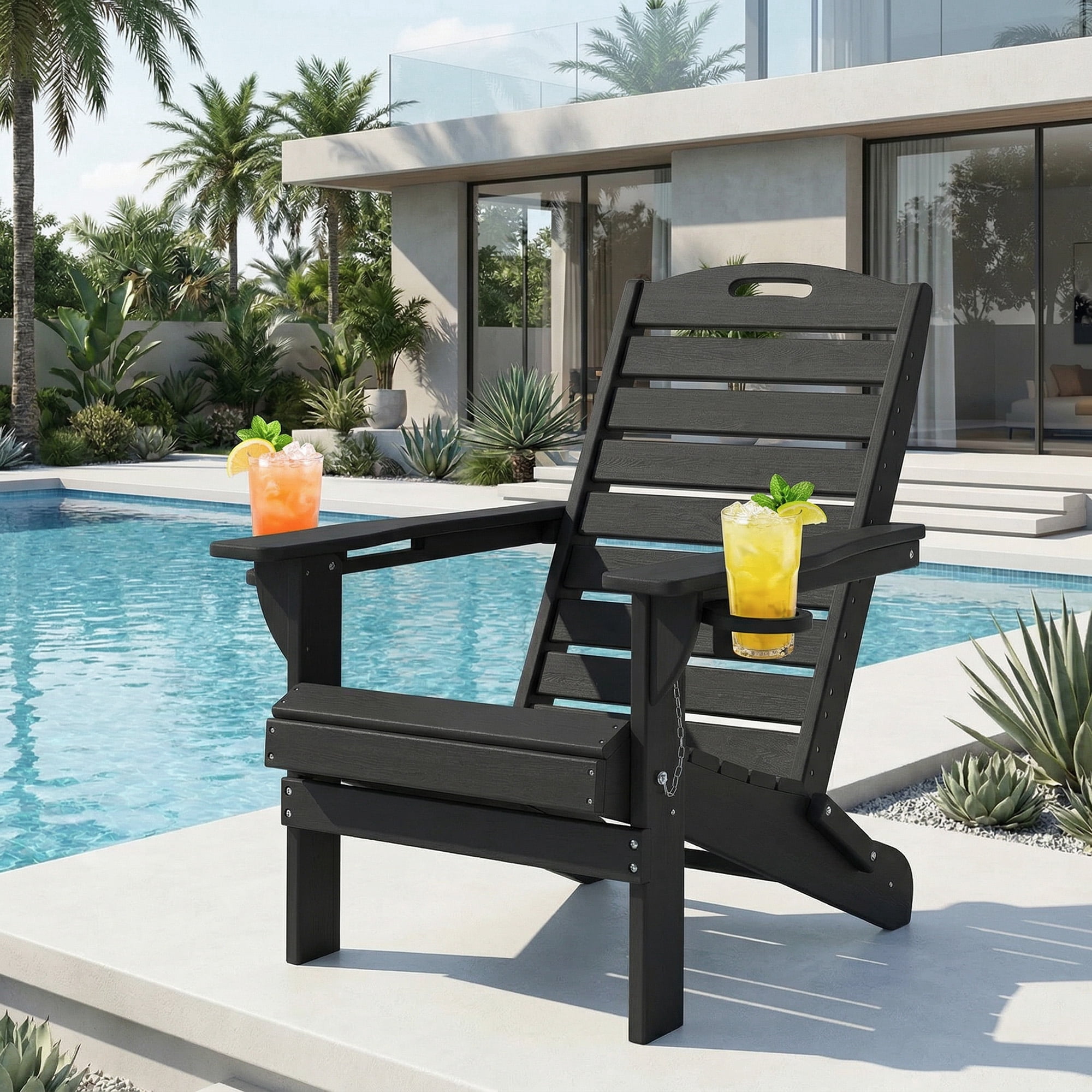 Folding HDPE Adirondack Chair, Weather Resistant Outdoor Fire Pit Patio Chair, Black
