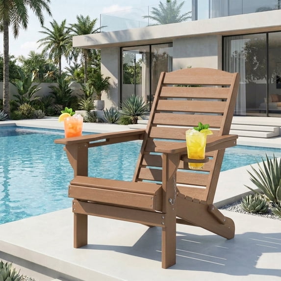 Folding HDPE Adirondack Chair, Weather Resistant Outdoor Fire Pit Patio Chair, Teak