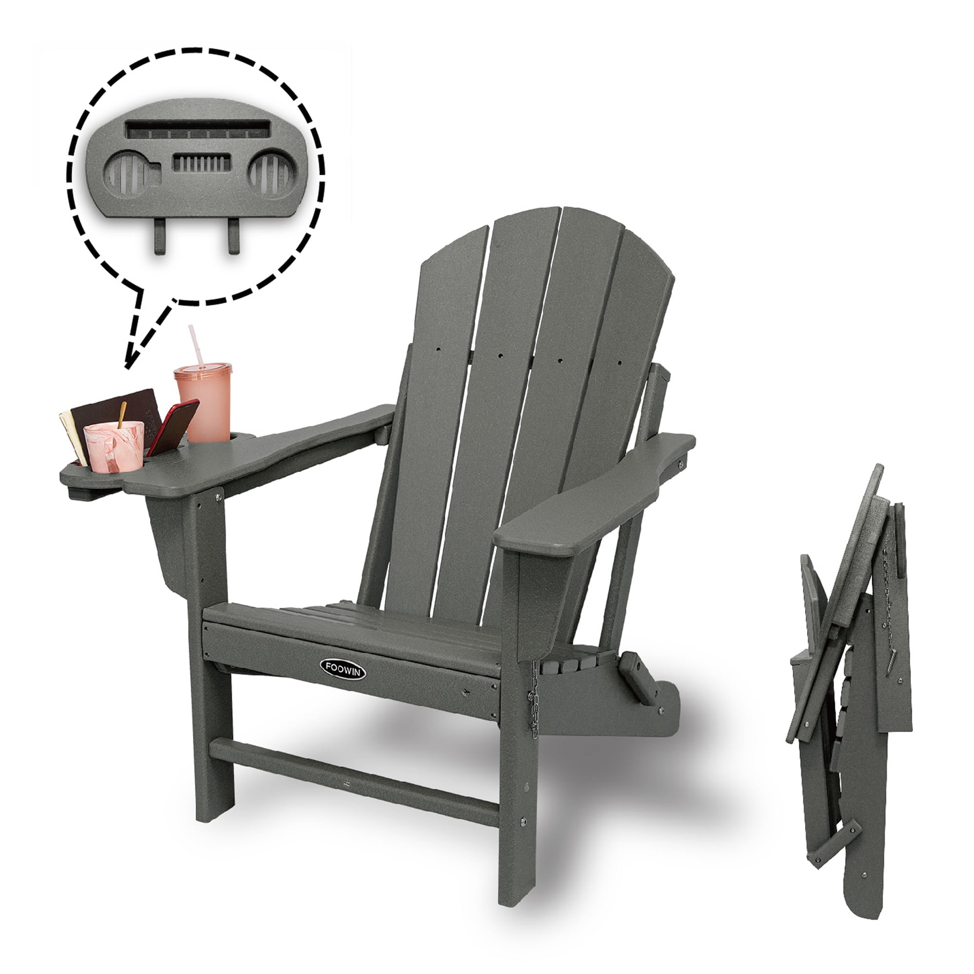 FOOWIN Foldable HDPE Adirondack Chair, Weatherproof with 4in1 Cup