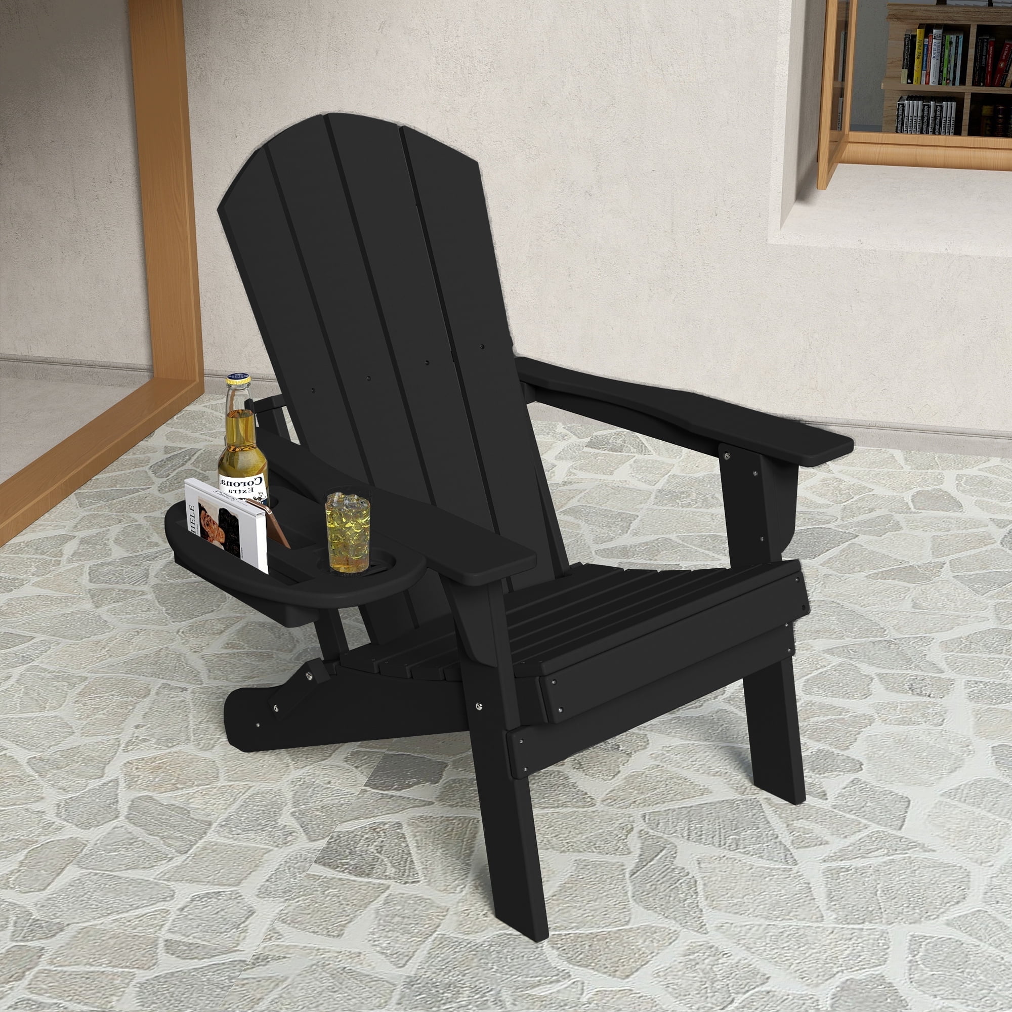 Walmart Black Friday Deals 2025 FOOWIN Folding HDPE Adirondack Chair, Black, 4-in-1 Cup Holder Tray