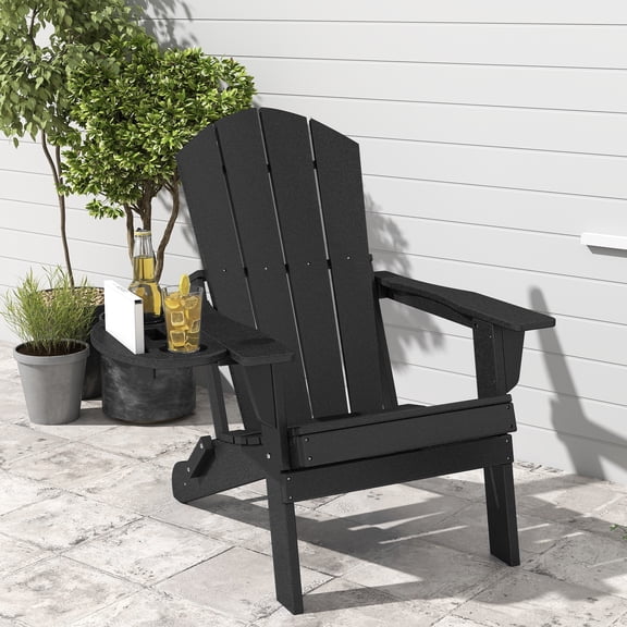 FOOWIN Folding HDPE Adirondack Chair with 4 in 1 Cup Holder Tray Plastic Adirondack Chairs Weather Resistant Lawn Outdoor Firepit Chairs, Black
