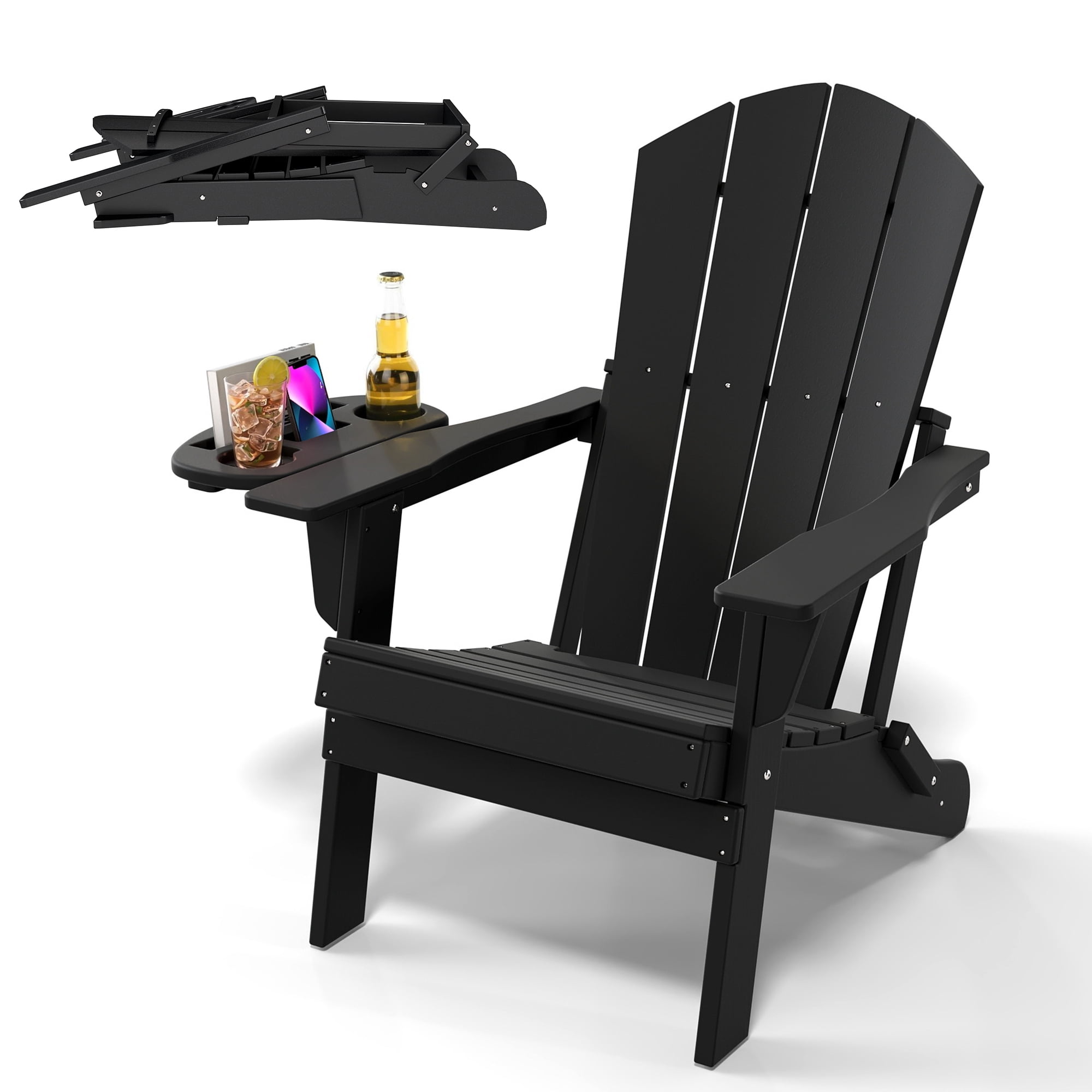 FOOWIN Folding HDPE Adirondack Chair with 4 in 1 Cup Holder Tray Plastic Adirondack Chairs Weather Resistant Lawn Outdoor Firepit Chairs, Black