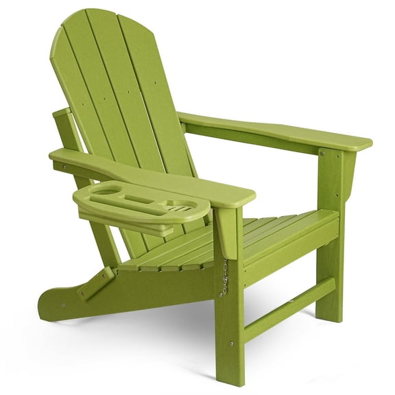 Folding HDPE Adirondack Chair with 4 in 1 Cup Holder Tray Plastic Adirondack Chairs Weather Resistant Lawn Outdoor Firepit Chairs, Light Green