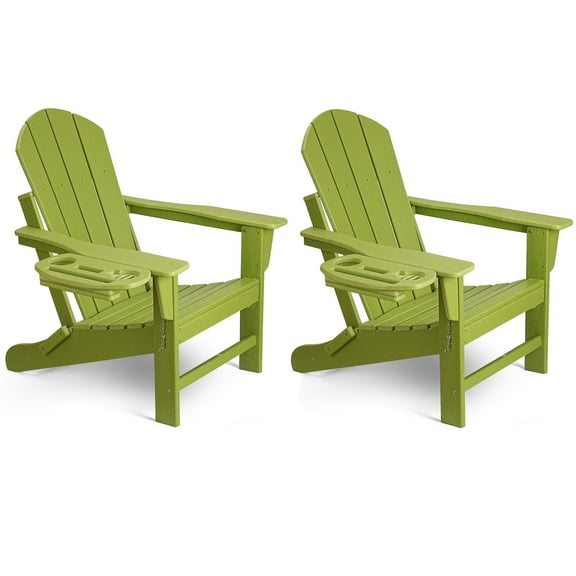 2PCS Folding HDPE Adirondack Chair with 4 in 1 Cup Holder Tray, Outdoor Patio Plastic Adirondack Chairs Weather Resistant, Light Green