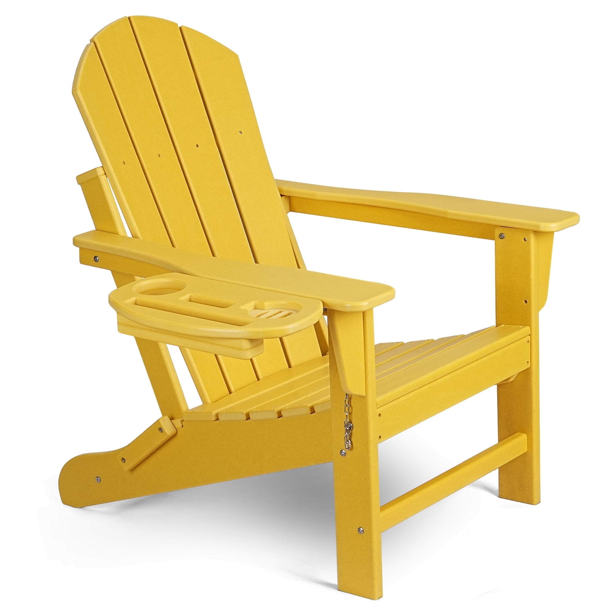Folding HDPE Adirondack Chair with 4 in 1 Cup Holder Tray Plastic Adirondack Chairs Weather Resistant Lawn Outdoor Firepit Chairs, Yellow