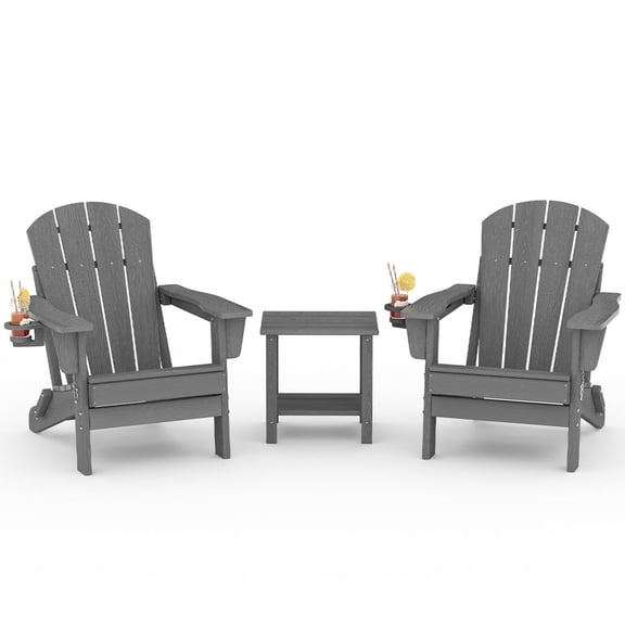 Folding HDPE Adirondack Chairs Set of 2 with Side Table, 3-Piece All Weather Patio Furniture Set with Cup Holders, Wood Grain Textured Lawn Chairs for Outside Fire Pit, Deck, Garden