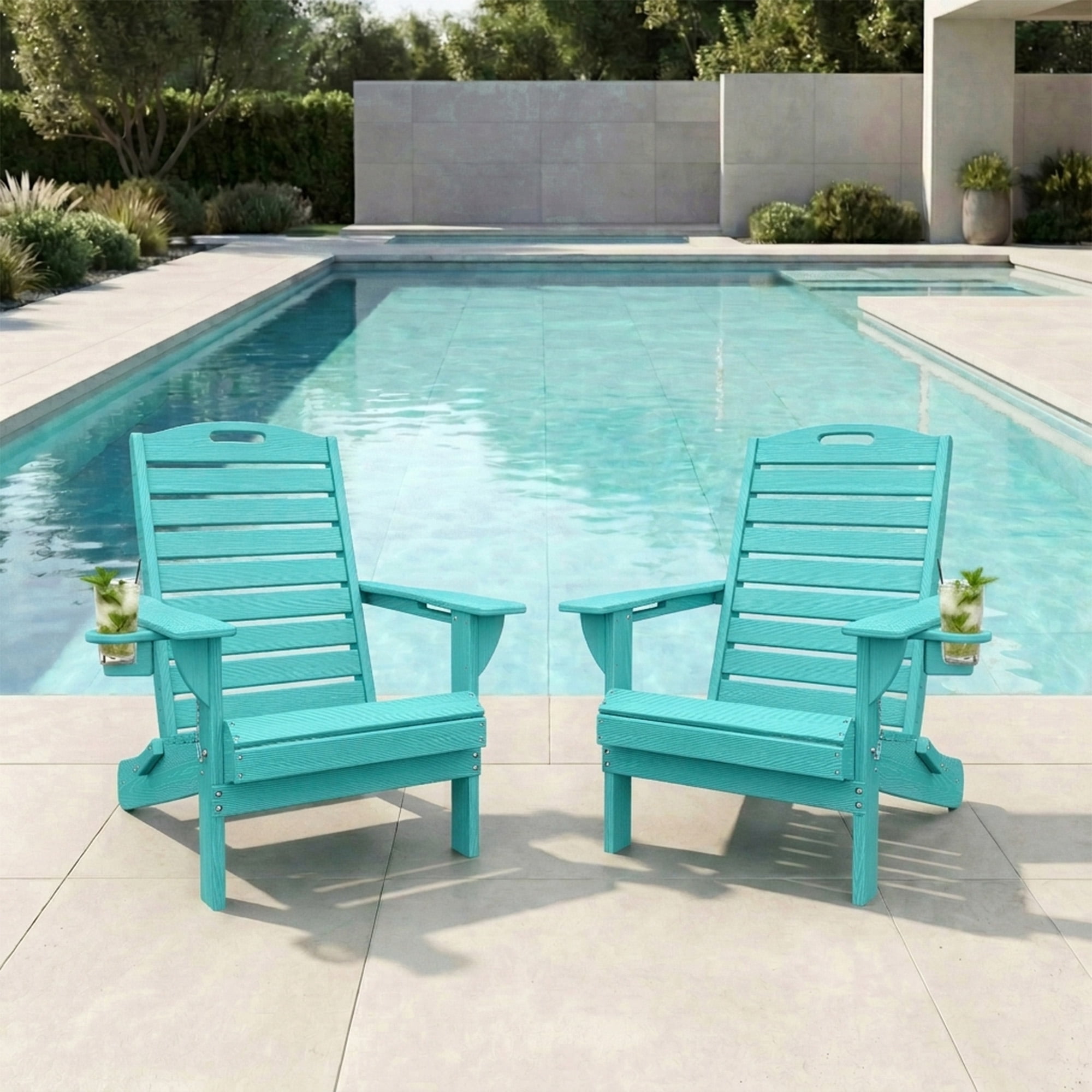Folding HDPE Adirondack Chairs, Set of 2 Weather Resistant Outdoor Patio Chairs, Aqua