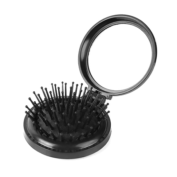 Folding Hair Brush with Mirror,Round Mini Compact Massage Comb for Purse/Pocket,Travel Size for Girls and Women (Black)