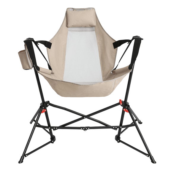 Folding Hammock Camping Chair, Portable Rocking Chair, Adjustable Back, Aluminum Alloy, Pillow & Cup Holder, Reclining Lounge with Carry Bag for Outdoor, Lawn, Backyard, Khaki