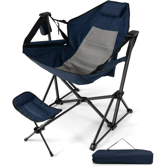 Folding Hammock Rocking Chair for Adults, Retractable Footrest & Cup Holder, Durable PVC Polyester Fabric, Easy Setup for Camping Hiking Picnic, Navy