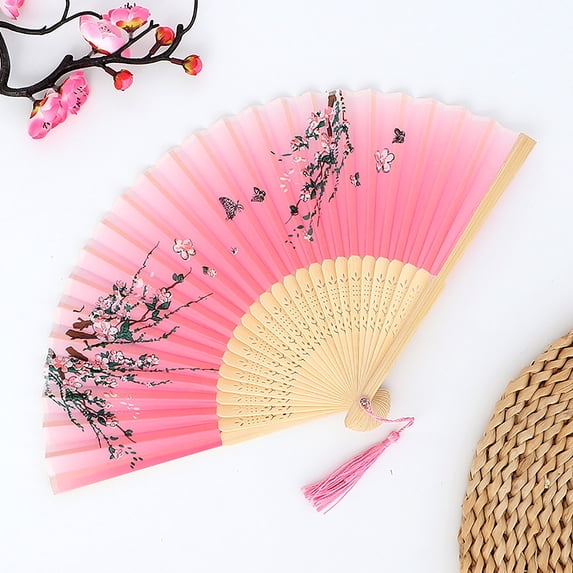 Folding Hand Fan Chinese Style Bamboo Silk Decorative Fans for Dance Party Wedding Performance Handheld Fan with Tassel and Protective Pouch Gift