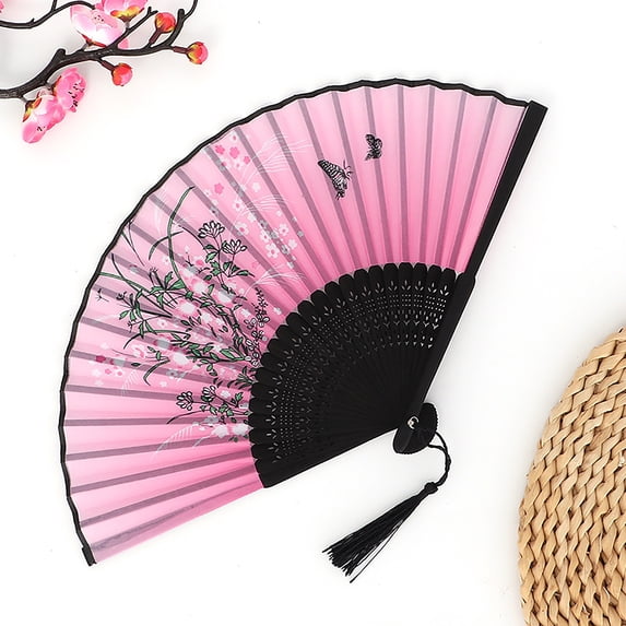 Folding Hand Fan Chinese Style Bamboo Silk Decorative Fans for Dance Party Wedding Performance Handheld Fan with Tassel and Protective Pouch Gift