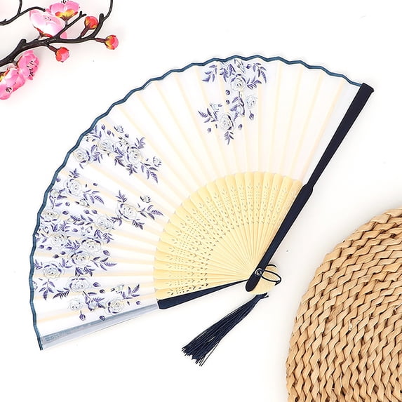 Folding Hand Fan Chinese Style Bamboo Silk Decorative Fans for Dance Party Wedding Performance Handheld Fan with Tassel and Protective Pouch Gift