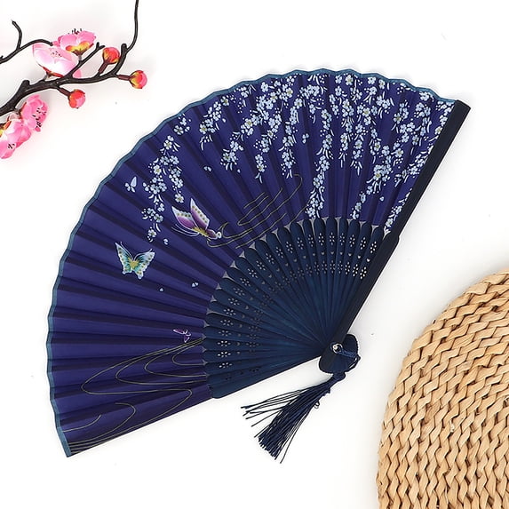 Folding Hand Fan Chinese Style Bamboo Silk Decorative Fans for Dance Party Wedding Performance Handheld Fan with Tassel and Protective Pouch Gift