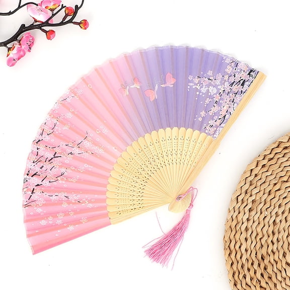 Folding Hand Fan Foldable Chinese Vintage Bamboo Silk Fan For Hot Flash, Church, Edm, Music Festival, Party, Dance, Performance, Decoration 8.3" Gradient Pink Purple Peach Blossom Butterfly