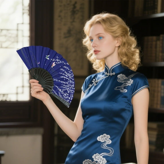 Folding Hand Fan with Tassel 17''*9" Mini Floral Handheld Fan Bamboo Frame Fabric Folding Fan Chinese Vintage Plum Blossom Flower Pattern for Wedding Dancing Party Art Craft Gift