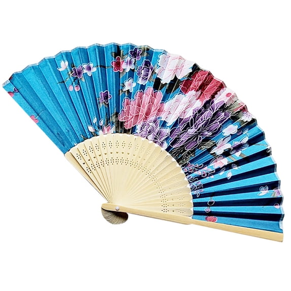 Folding Hand Fan for Women - Foldable Chinese Japanese Vintage Bamboo Silk Fan - for Hot Flash, Church, EDM, Music Festival, Party, Dance, Performance, Decoration, Gift (Lake Blue)