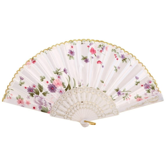 Folding Hand Fan for Women - Foldable Chinese Japanese Vintage Bamboo Silk Fan - for Hot Flash, Church, EDM, Music Festival, Party, Dance, Performance, Decoration, Gift (White Sakura)