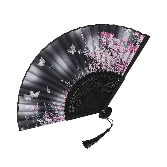 Folding Hand Fans, 8 in Bamboo Ribs, Black Gradient Cloth, Butterfly Accents, Portable Cooling, Events, Pink Floral, 1 Pc