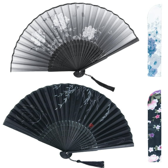 Folding Hand Fans for Women -Chinese Japanese 2pcs Vintage Bamboo Silk Fans - for Dance, Music Festival, Wedding, Party, Decorations,Gift