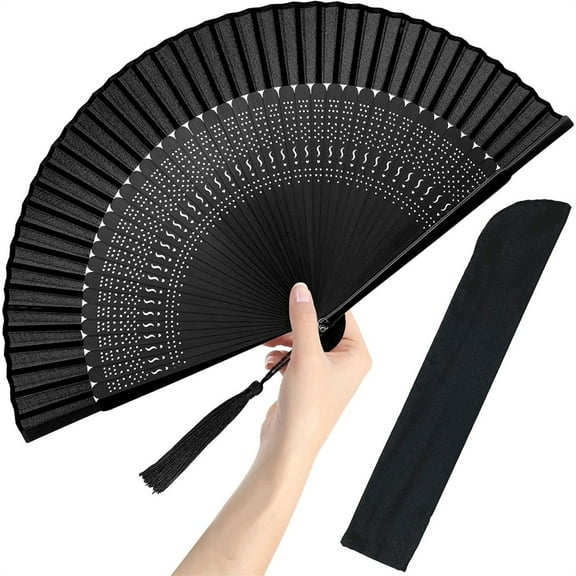 Folding Hand Holding Bamboo Silk Fan,Hand Held Fan,Chinese Elegant Bamboo Silk Fabric Fans for Gifts,Bamboo Silk Handheld Fan for Performance and Wall Decoration,8.3 in,Black