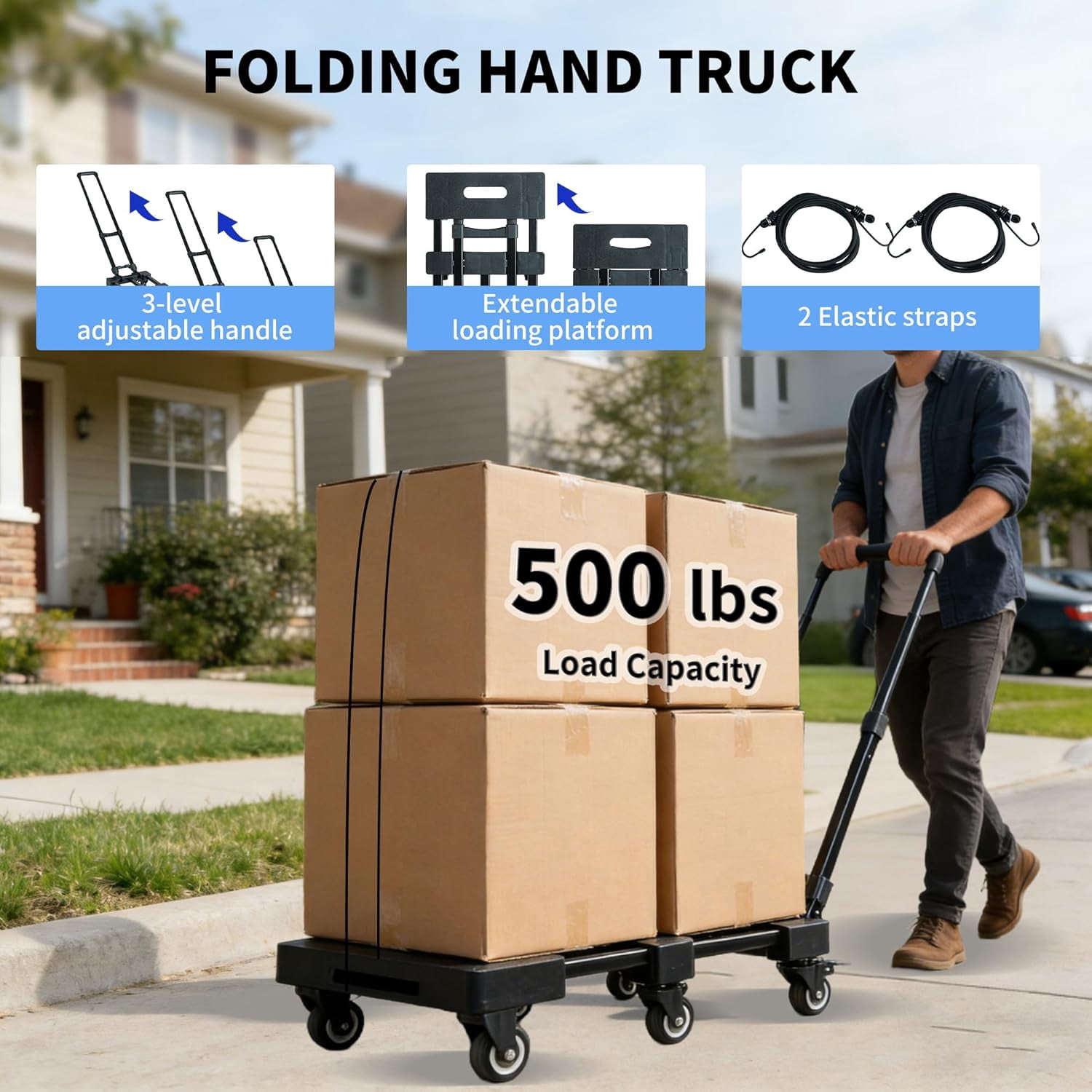 Folding Hand Truck 500 LBS Heavy Duty Dolly Cart with Wheels and Brakes, Collapsible Moving Dolly for Luggage Travel Shopping