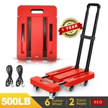 Folding Hand Truck, 500 lbs Capacity Luggage Cart, Utility Dolly Platform Cart with 6 Wheels & 2 Elastic Ropes for Luggage, Travel, Shopping, Moving, Office Use - Red Folded Size Is 11.8" x 17.7"