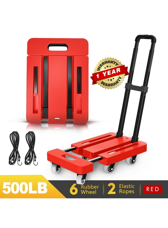 Folding Hand Truck, 500 lbs Capacity Luggage Cart, Utility Dolly Platform Cart with 6 Wheels & 2 Elastic Ropes for Luggage, Travel, Shopping, Moving, Office Use - Red Folded Size Is 11.8" x 17.7"