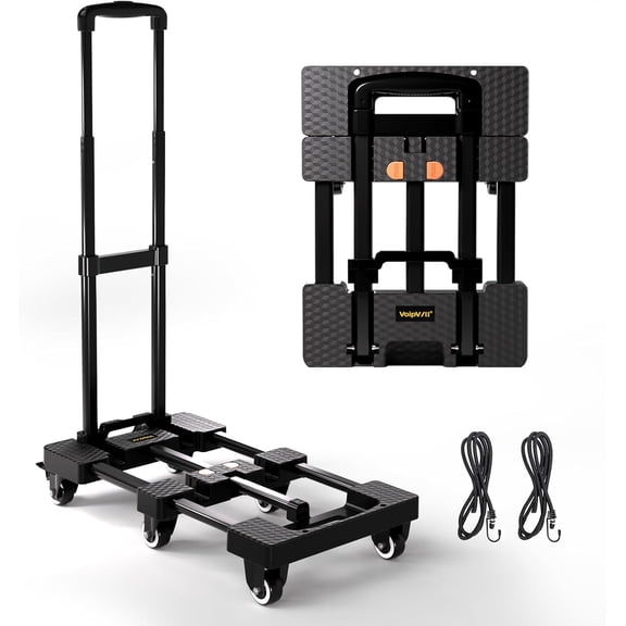 Folding Hand Truck 500lbs, Portable Heavy Duty Dolly Cart, 6 Wheels Collapsible Luggage Cart with 2 Elastic Ropes - Compact Trolley Cart for Easy Moving - Ideal Hand Cart for Travel and More