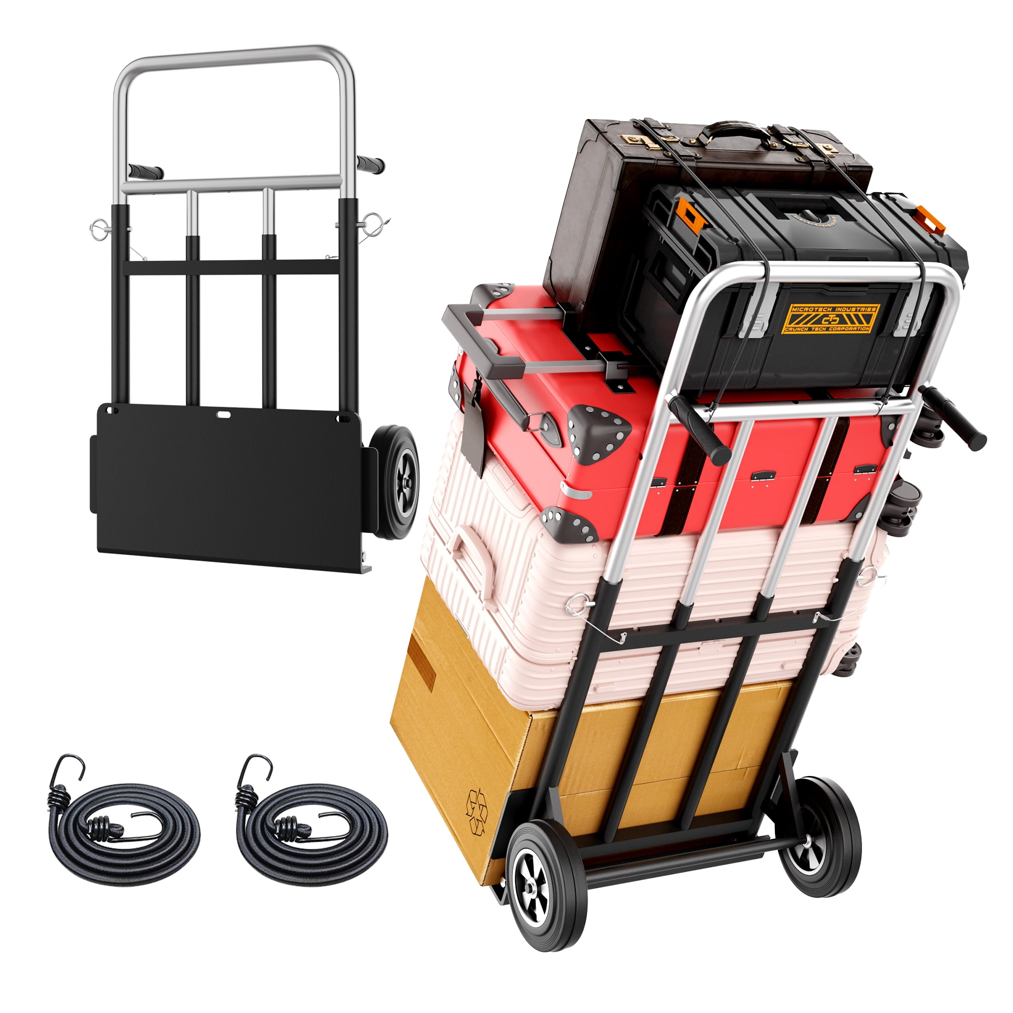Folding Hand Truck, 600 lb Capacity Heavy-Duty Convertible Dolly Cart with Telescopic Handle, Rubber Wheels & Bungee Cords for Warehouse, Home & Office