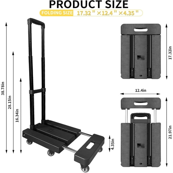 Folding Hand Truck 600lbs, Portable Heavy Duty Luggage Cart,6 Wheels Dolly Cart with 2 Elastic Ropes,Compact Trolley Cart for Easy Moving with Extendable Plate for Travel, Moving and Office Use