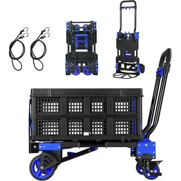 Folding Hand Truck with Brakes, 2 in 1 Dolly Cart with 4 Wheels, Retractable Handle Luggage Cart, Max Capacity 300 lbs, Include 2 Bungee Cords, for Heavy Duty Moving, Luggage, Shopping, Office