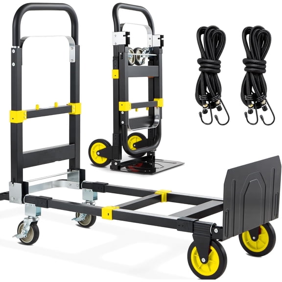 Folding Hand Truck, Convertible Utility Moving Dolly Cart For Warehouse Garage Office Home, Heavy Duty Carbon Steel Platform Cart With Swivel Rubber Wheels, Industrial Style, Yellow, One Set