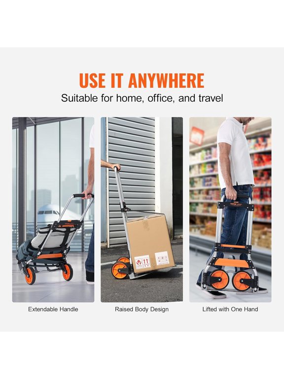 Folding Hand Truck and Dolly, 275 Lbs Capacity, Aluminum Foldable Cart, Heavy-Duty Luggage Trolley Cart with Telescoping Handle and PP+TPR Wheels for Home, Office, Shopping, Travel