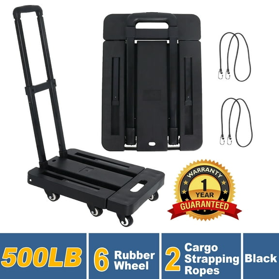 Folding Hand Cart Dolly Truck 500lbs Heavy Duty Shopping Cart with Wheels, Utility Cart with 2 Elastic Ropes for Travel, House Office