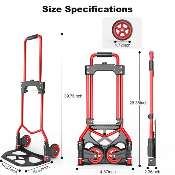 Folding Hand Truck Dolly Cart, 180LBS Portable Aluminum Hand Truck Foldable with Telescoping Handle and Elastic Cord for Luggage, Boxes, Functionality Foldable Dolly for Home, Moving, Black Red