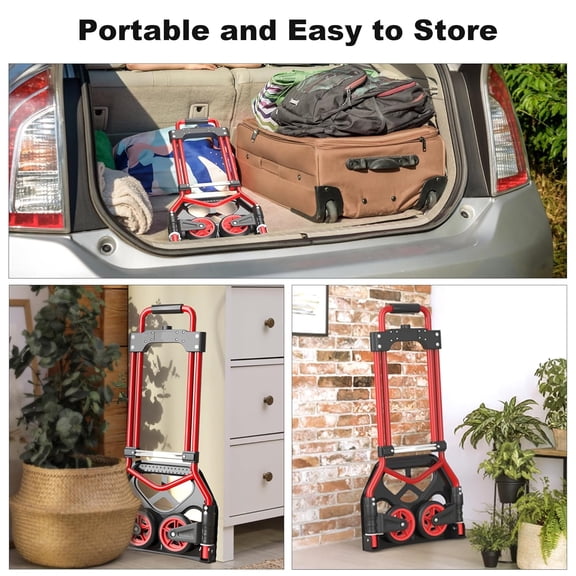 Folding Hand Truck Dolly Cart, 180LBS Portable Aluminum Hand Truck Foldable with Telescoping Handle and Elastic Cord for Luggage, Boxes, Functionality Foldable Dolly for Home, Moving, Black Red