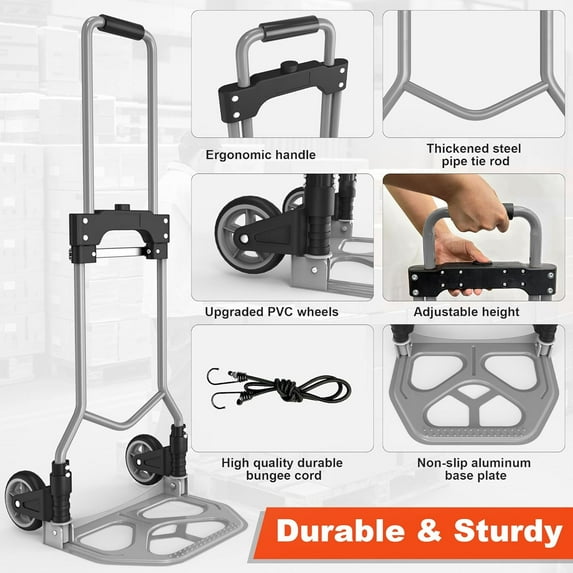 Folding Hand Truck Dolly Cart, 180LBS Portable Aluminum Hand Truck Foldable with Telescoping Handle and Elastic Cord for Luggage, Boxes, Functionality Foldable Dolly for Home, Moving, Black Gray