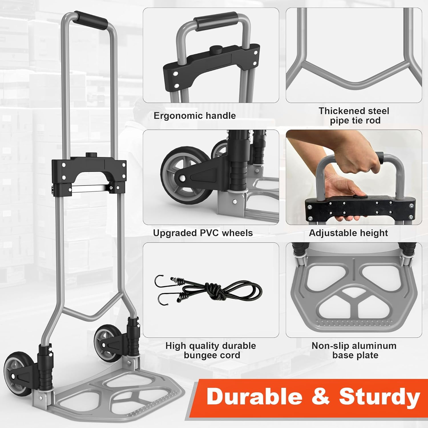 Folding Hand Truck Dolly Cart, 180LBS Portable Aluminum with Telescoping Handle and Elastic Cord for Moving Boxes Luggage Home Office Black Gray