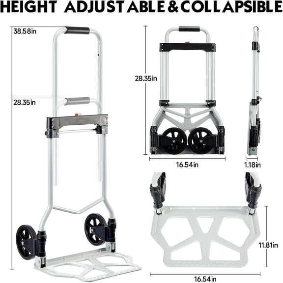 Folding Hand Truck Dolly Cart - Black, 260 lbs Load Capacity with Telescoping Handle and Solid Aluminum Wheel Suspension