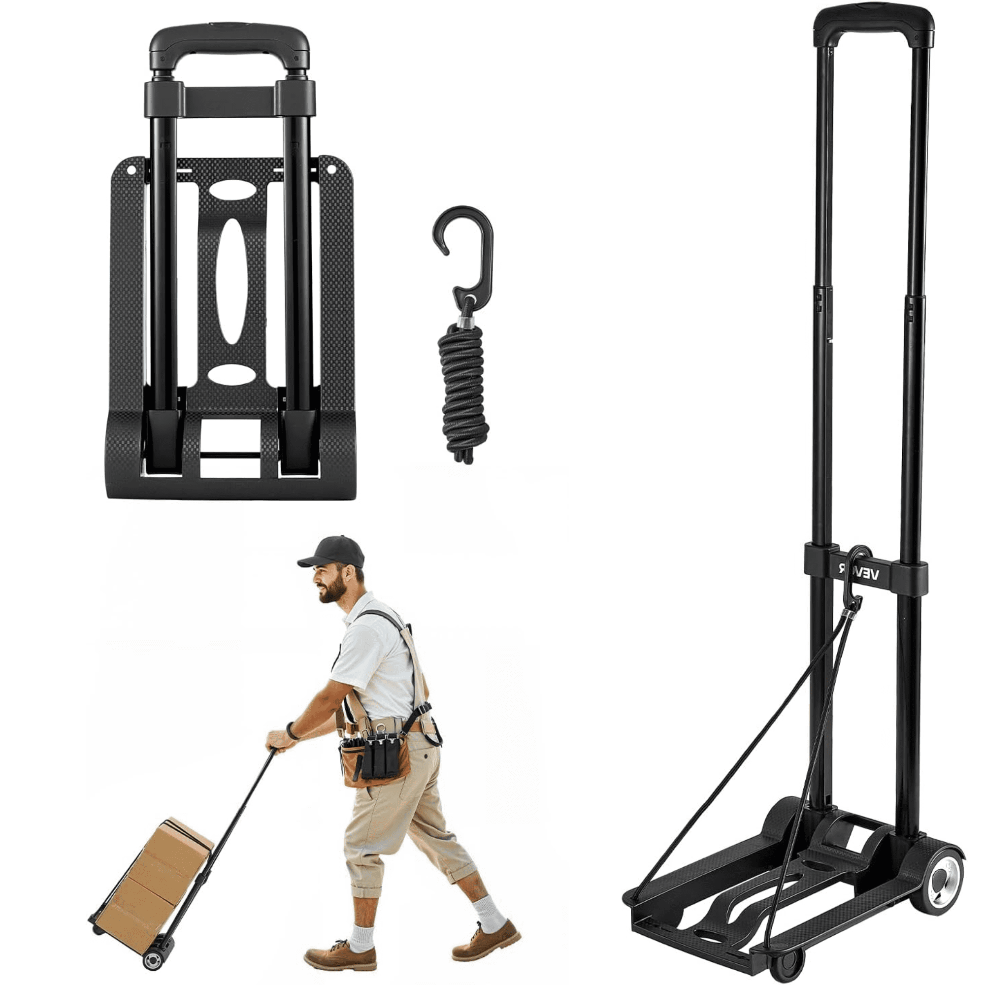 Folding Hand Truck and Dolly, Heavy-Duty Aluminum Foldable Cart with Telescoping Handle and PP+TPR Wheels, 176 lbs Capacity for Home, Office, Shopping, and Travel